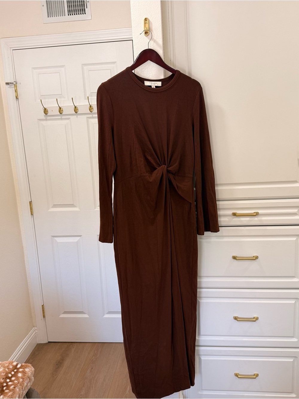 VEILED Brown Long Sleeve Knot-Front Maxi Dress